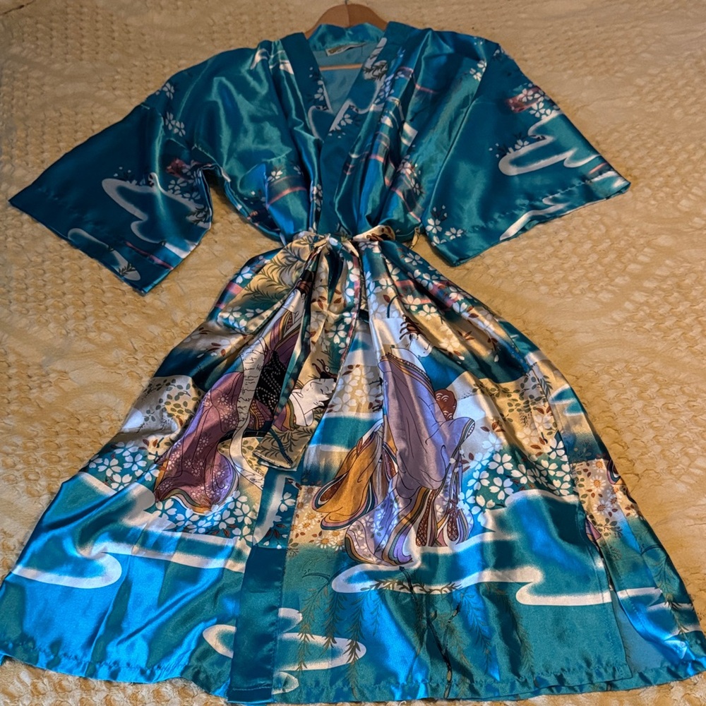 🎑🌸🥷🌸🩱Elegant Teal Satin Robe